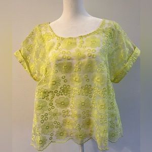 Anthropologie Neon Green Embroidered Trapeze Top